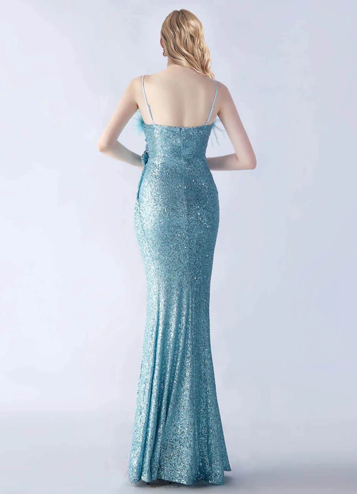 Cornflower Blue Luxury Feather Spaghetti Straps Sequin Maxi Formal Gown