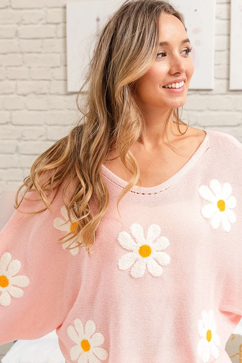 Daisy Flower Embroidery Loose Fit Knit Top