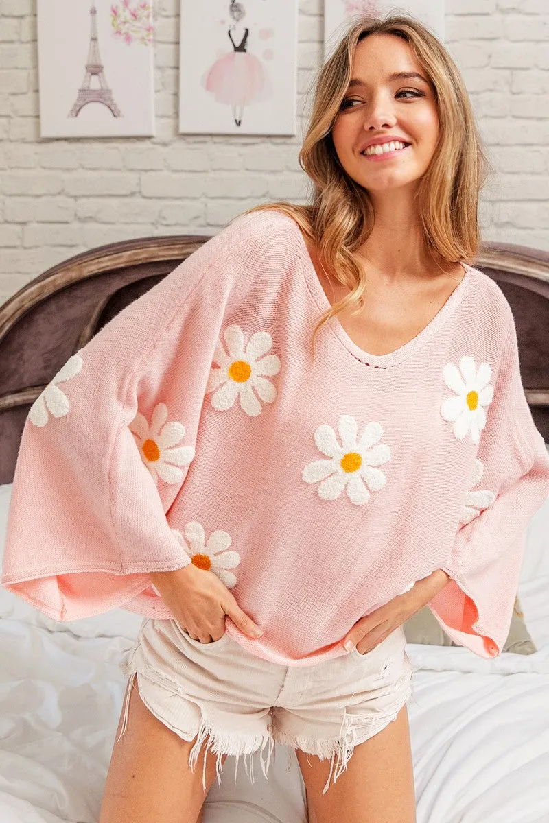 Daisy Flower Embroidery Loose Fit Knit Top