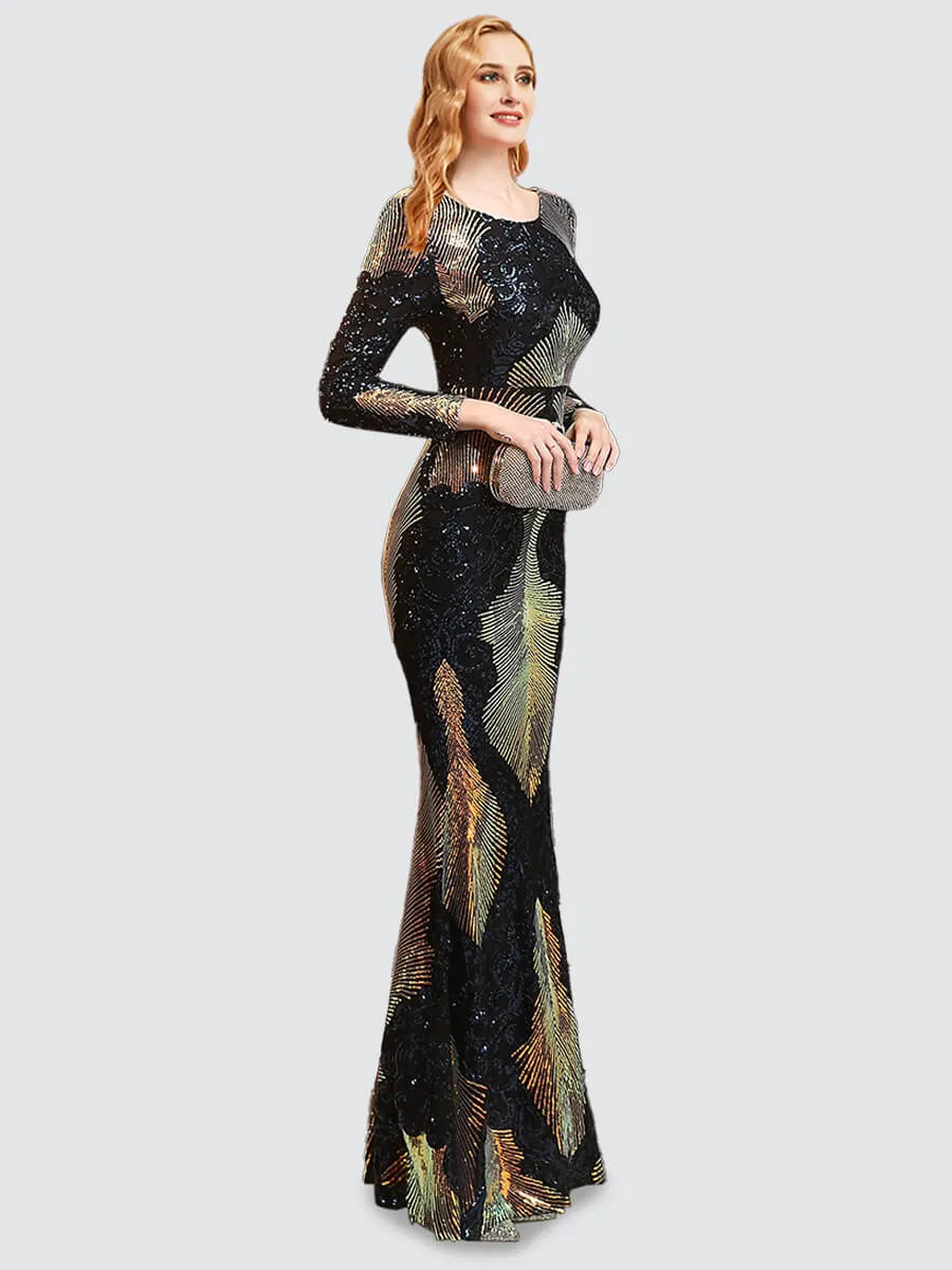 Dark Navy Backless Long Sleeve Sequin Maxi Mermaid Evening Formal Dress