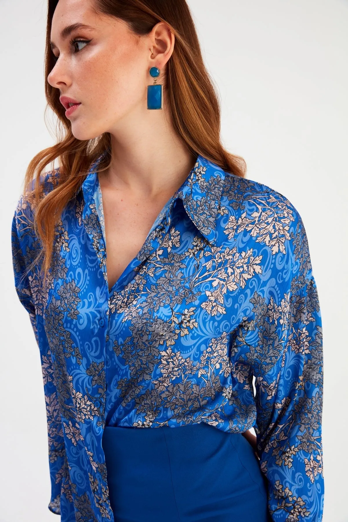 Dolman Sleeve Patterned Shirt - Azure Blue