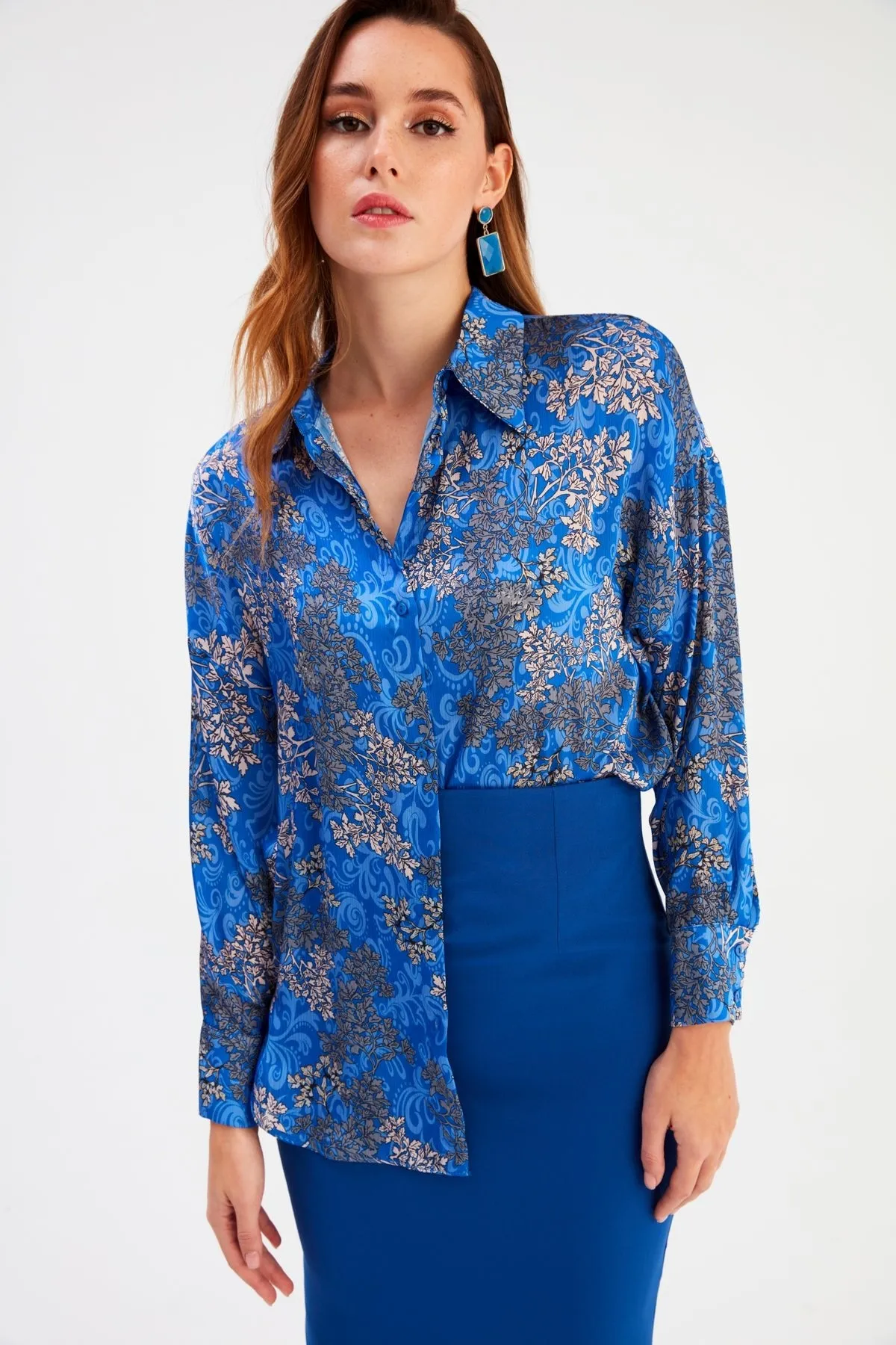 Dolman Sleeve Patterned Shirt - Azure Blue