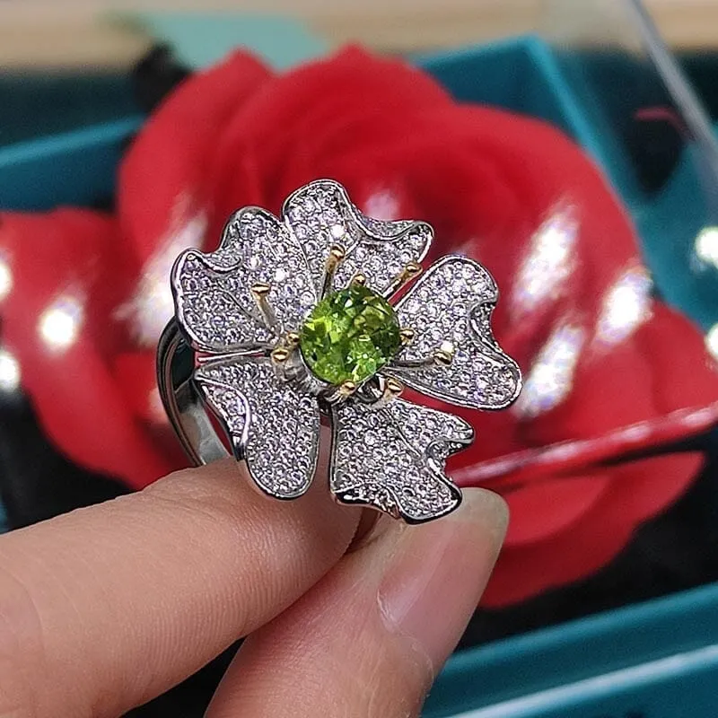 Elegant Diamond Treasure Natural Peridot Flower Ring