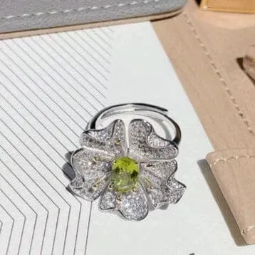 Elegant Diamond Treasure Natural Peridot Flower Ring