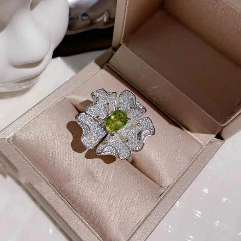 Elegant Diamond Treasure Natural Peridot Flower Ring