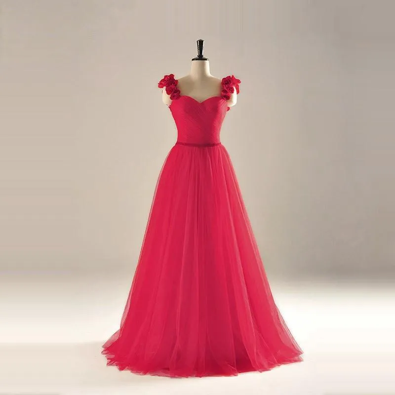 elegant rose flower straps long tulle formal evening dress sexy pleated sweetheart