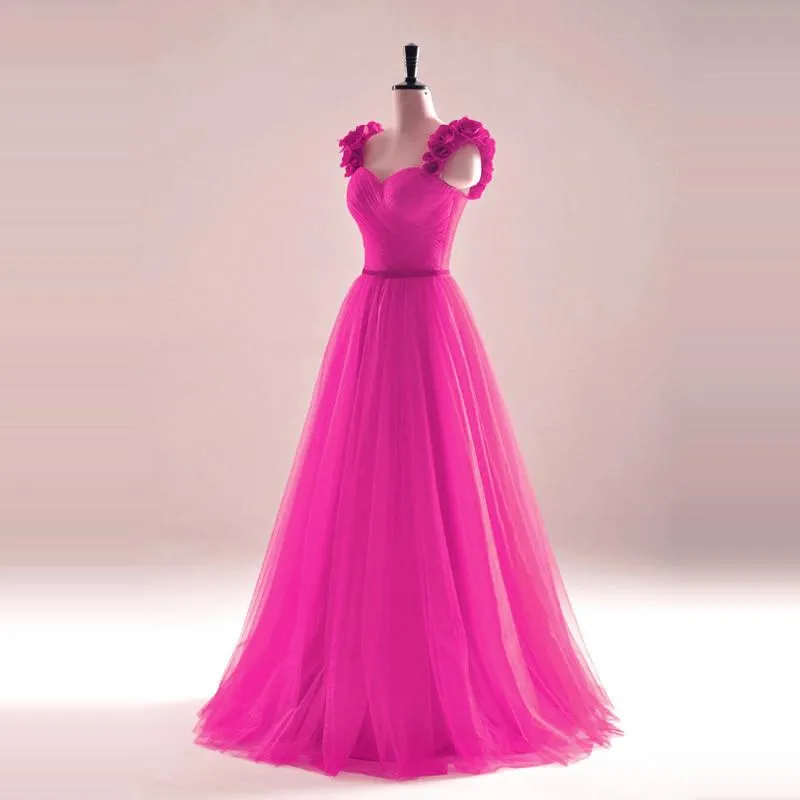 elegant rose flower straps long tulle formal evening dress sexy pleated sweetheart