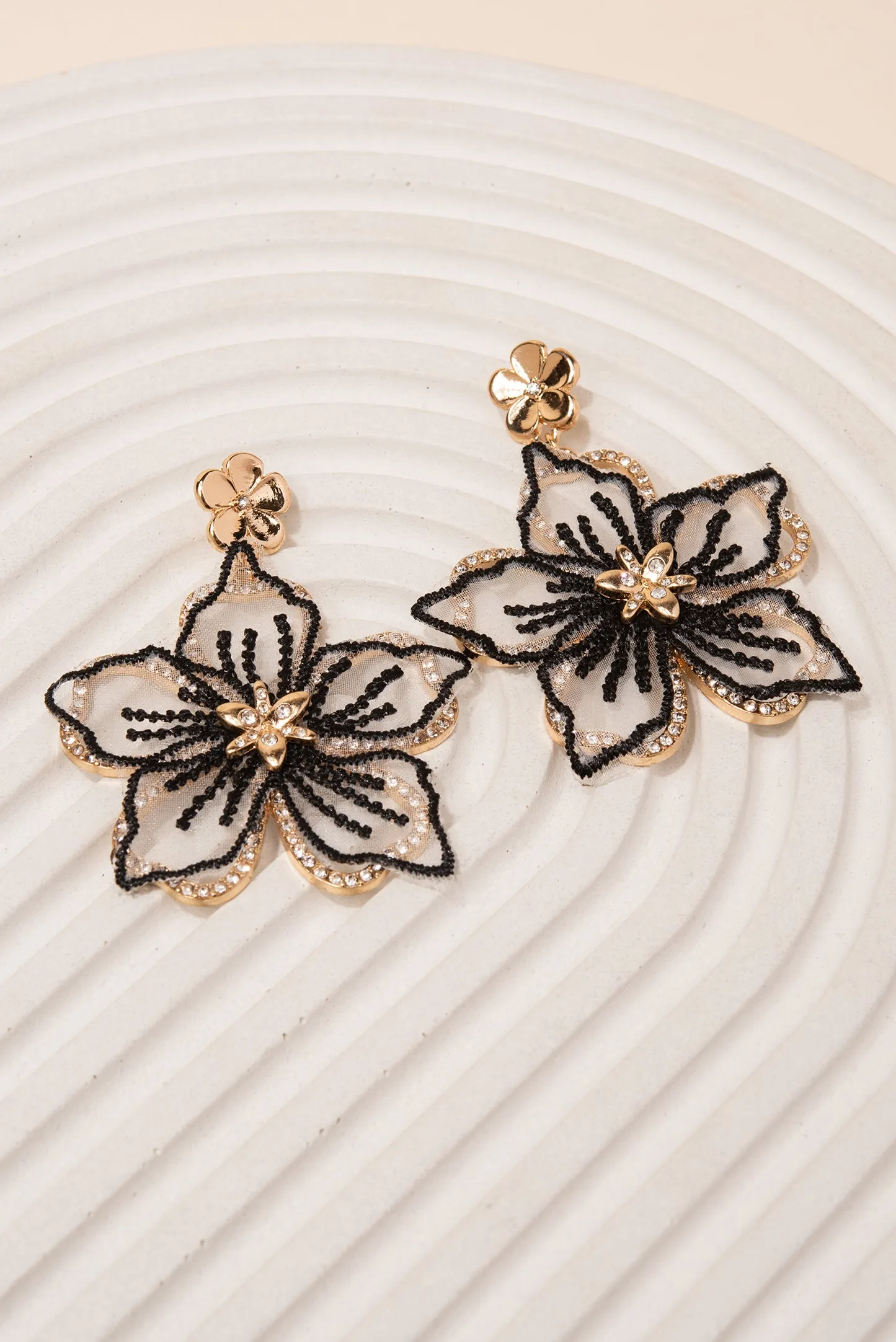 Embroidered Rhinestone Flower Earrings