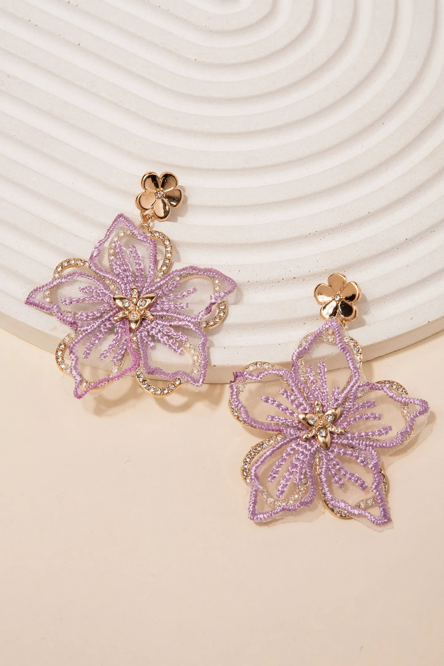 Embroidered Rhinestone Flower Earrings