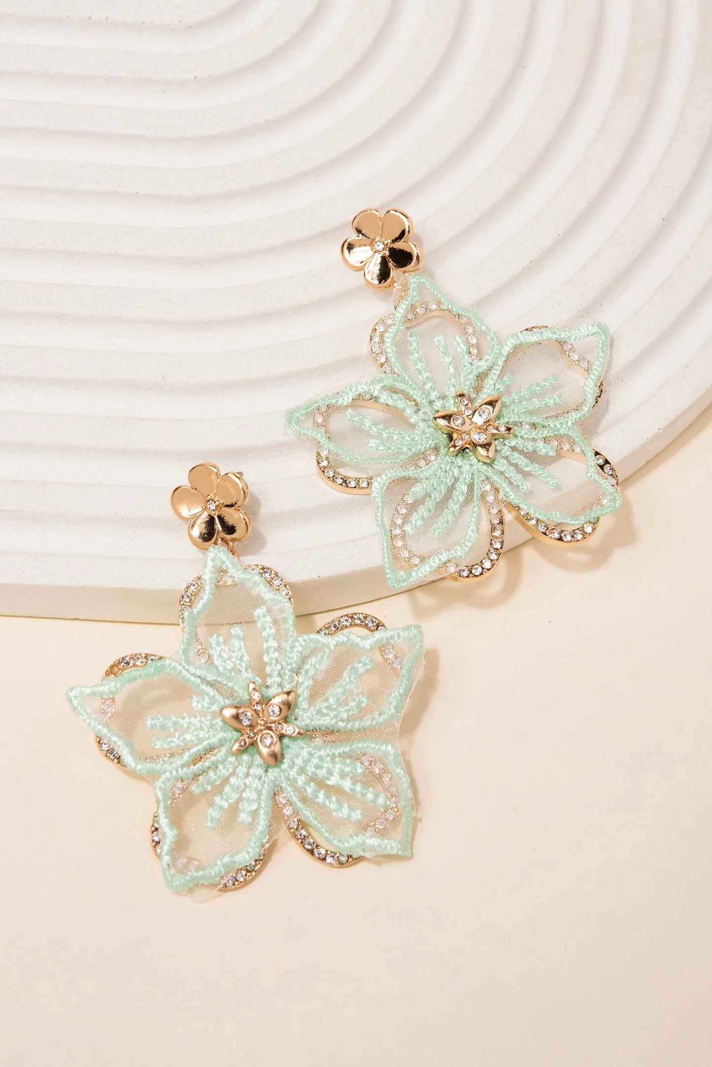 Embroidered Rhinestone Flower Earrings