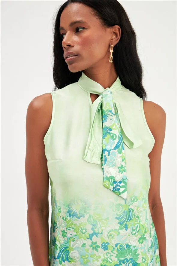 Floral Ombre Patterned Tie Neck Scarf Detailed Blouse - Green