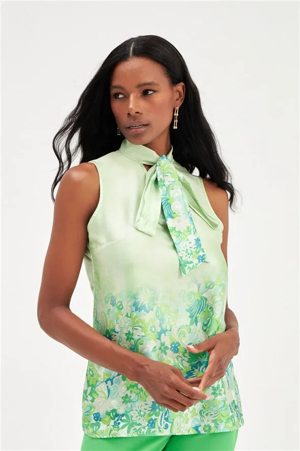 Floral Ombre Patterned Tie Neck Scarf Detailed Blouse - Green