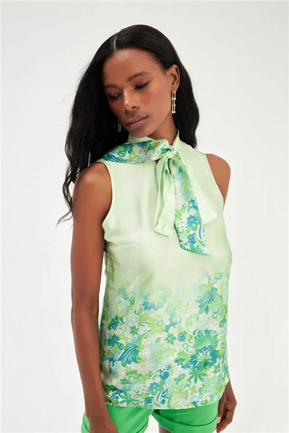 Floral Ombre Patterned Tie Neck Scarf Detailed Blouse - Green