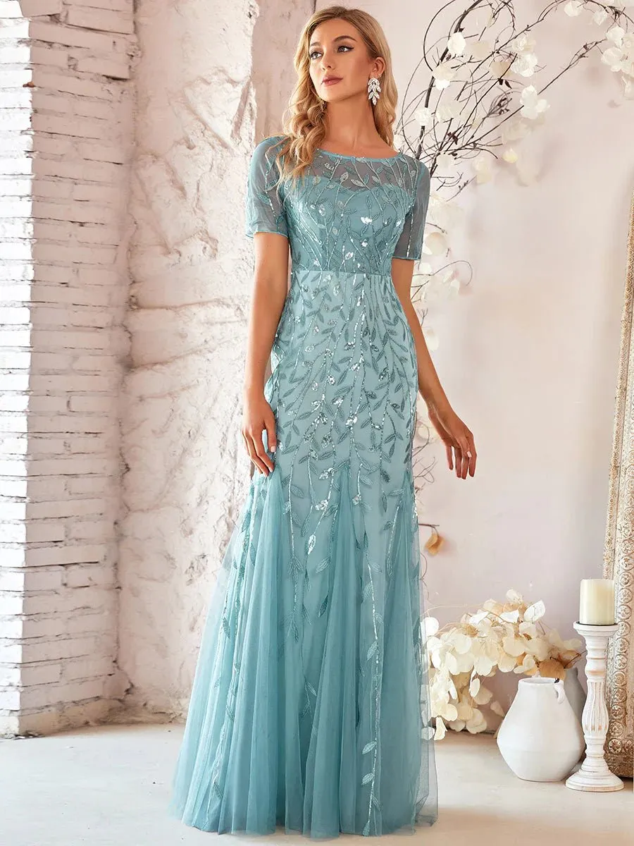 Floral Sequin Print Maxi Long Fishtail Tulle Formal Dresses with Half Sleeve