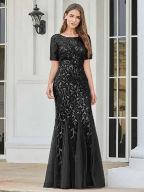 Floral Sequin Print Maxi Long Fishtail Tulle Formal Dresses with Half Sleeve