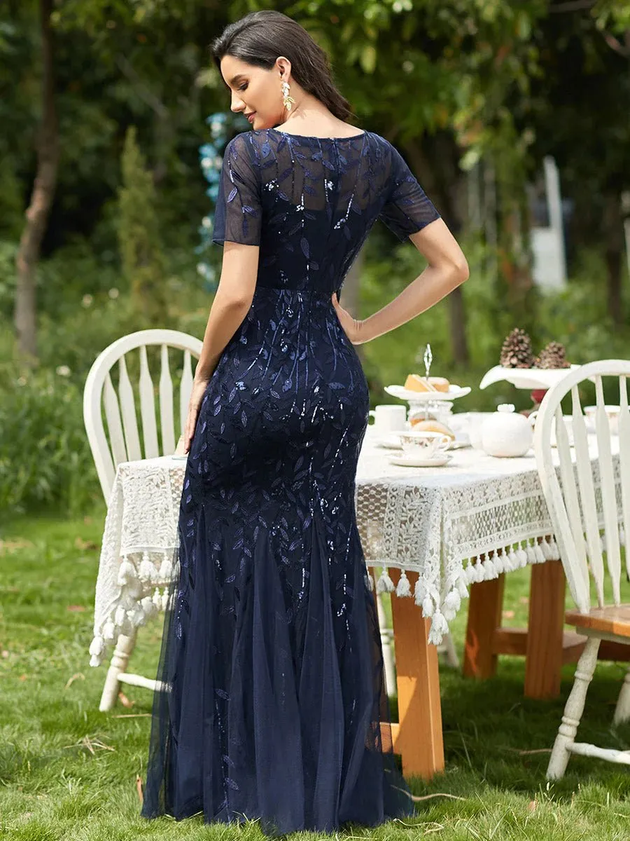 Floral Sequin Print Maxi Long Fishtail Tulle Formal Dresses with Half Sleeve