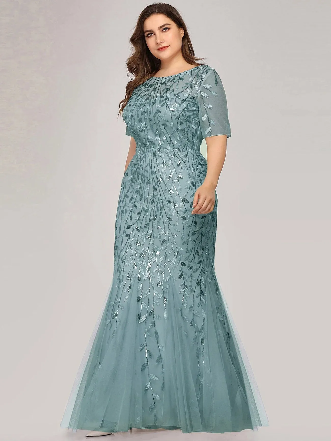 Floral Sequin Print Maxi Long Fishtail Tulle Formal Dresses with Half Sleeve