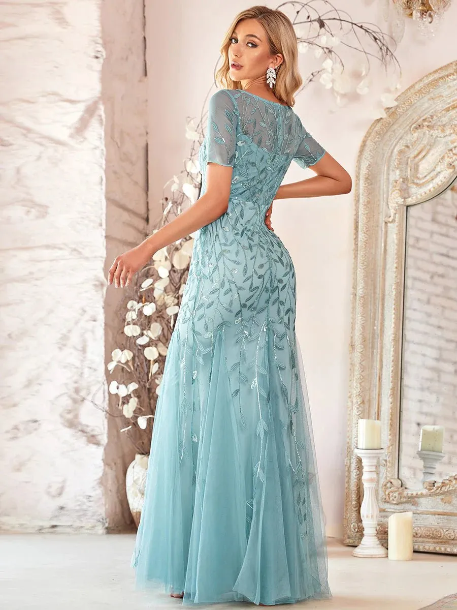 Floral Sequin Print Maxi Long Fishtail Tulle Formal Dresses with Half Sleeve