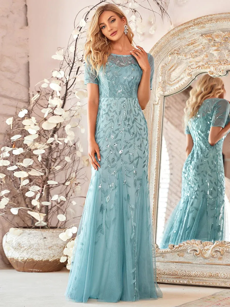 Floral Sequin Print Maxi Long Fishtail Tulle Formal Dresses with Half Sleeve