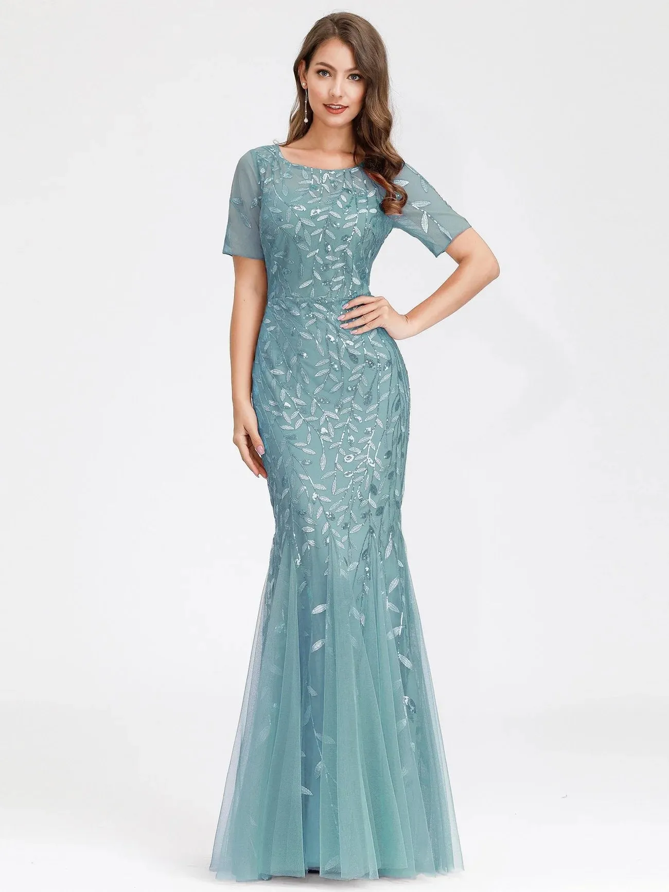 Floral Sequin Print Maxi Long Fishtail Tulle Formal Dresses with Half Sleeve