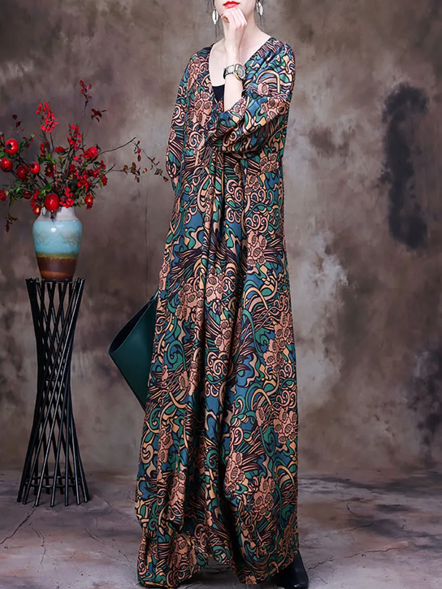 Floral V Neck Summer Vintage Loose Maxi Dress