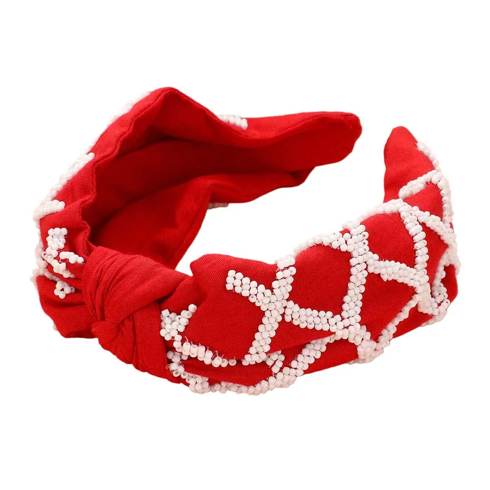 Game Day Seed Beaded Check Patterned Knot Burnout Headband