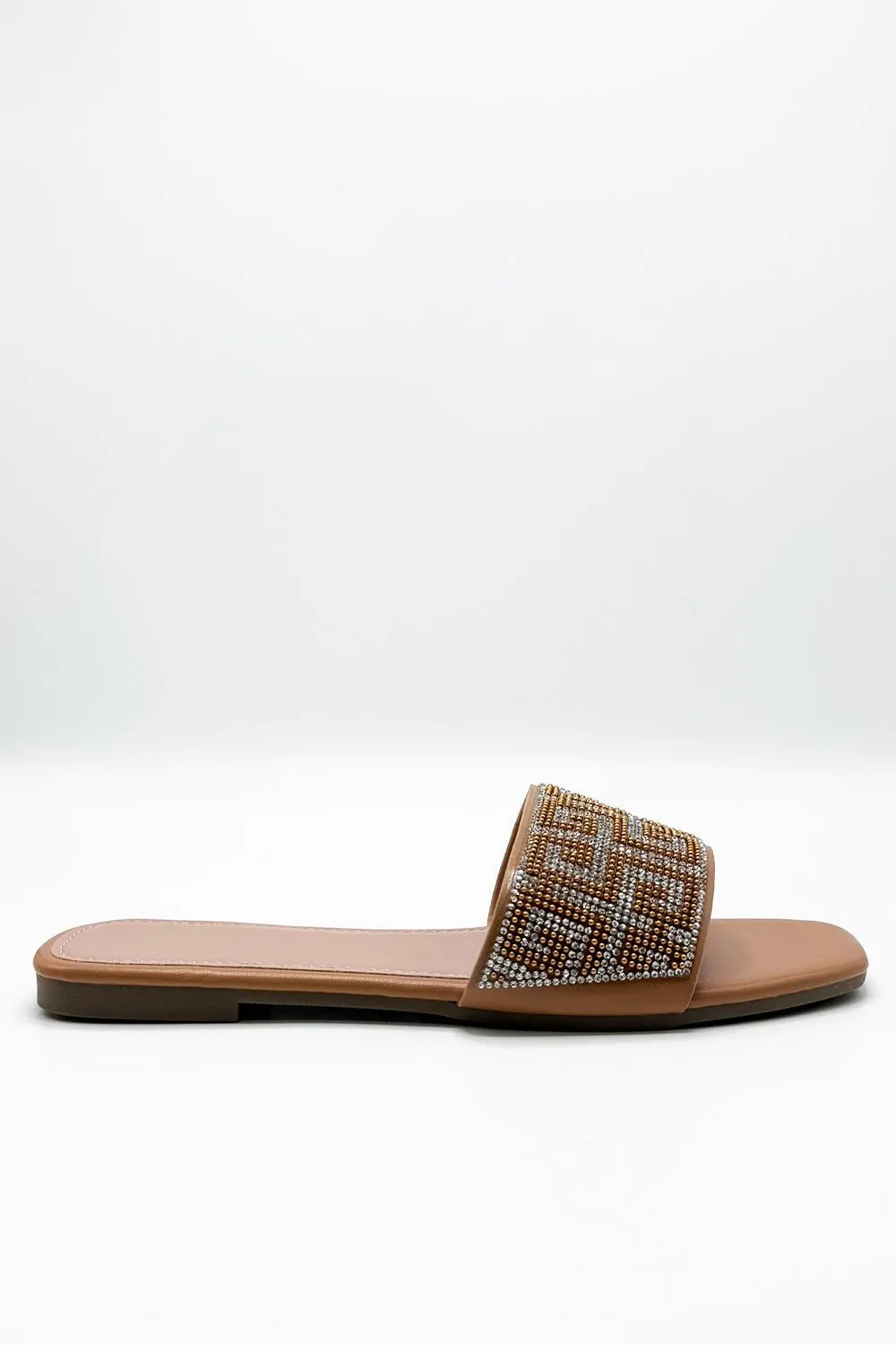 Gloria Diamante Patterned Band Flat Sliders in Camel