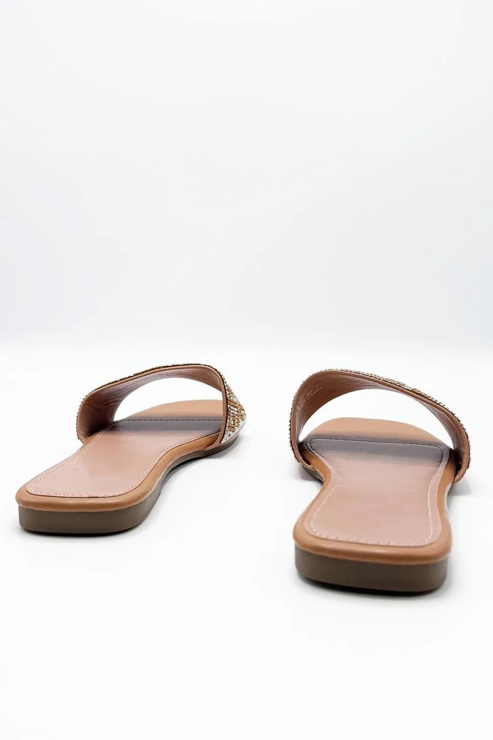 Gloria Diamante Patterned Band Flat Sliders in Camel