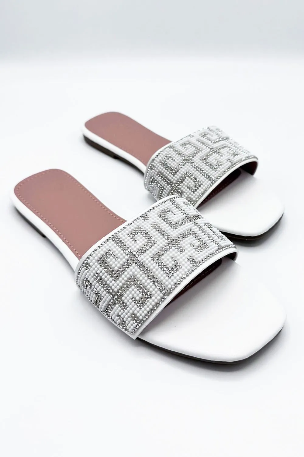 Gloria Diamante Patterned Band Flat Sliders in White