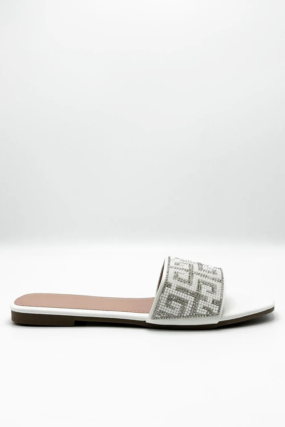 Gloria Diamante Patterned Band Flat Sliders in White