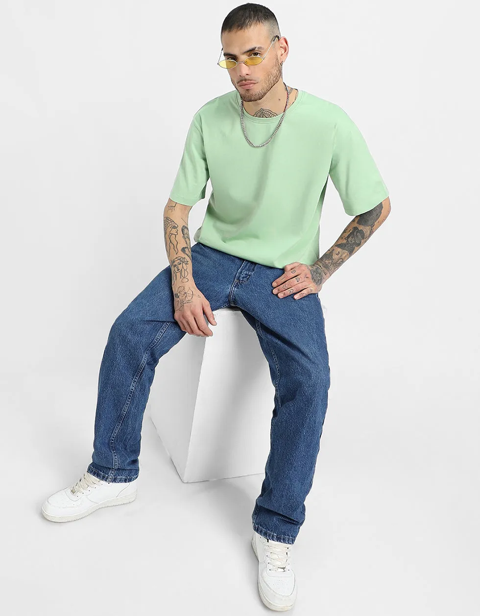 Green Solid Oversized Tshirt