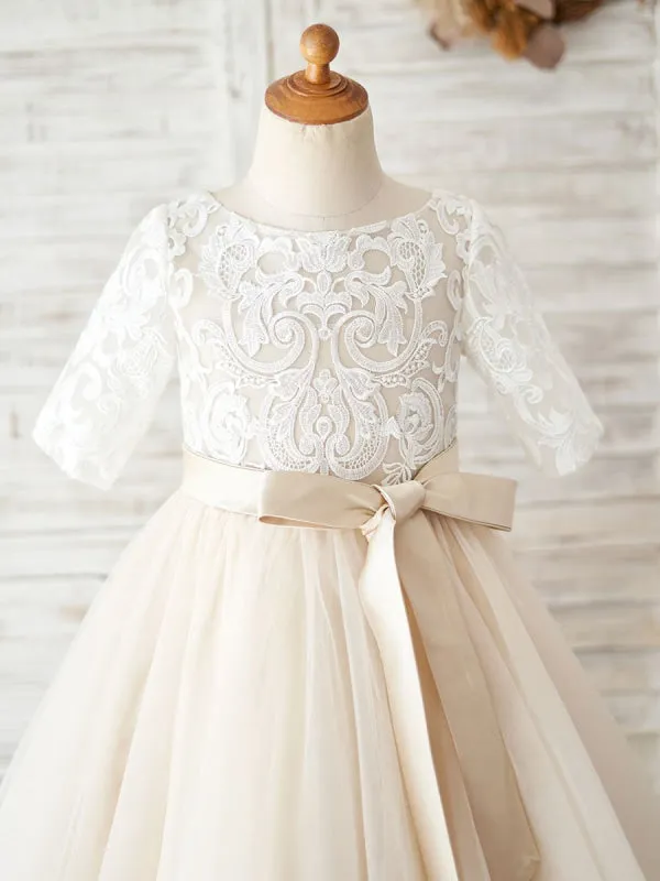 Half Sleeves Champagne Sash Kids Party Dresses Tulle Formal Dress