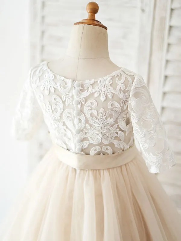 Half Sleeves Champagne Sash Kids Party Dresses Tulle Formal Dress