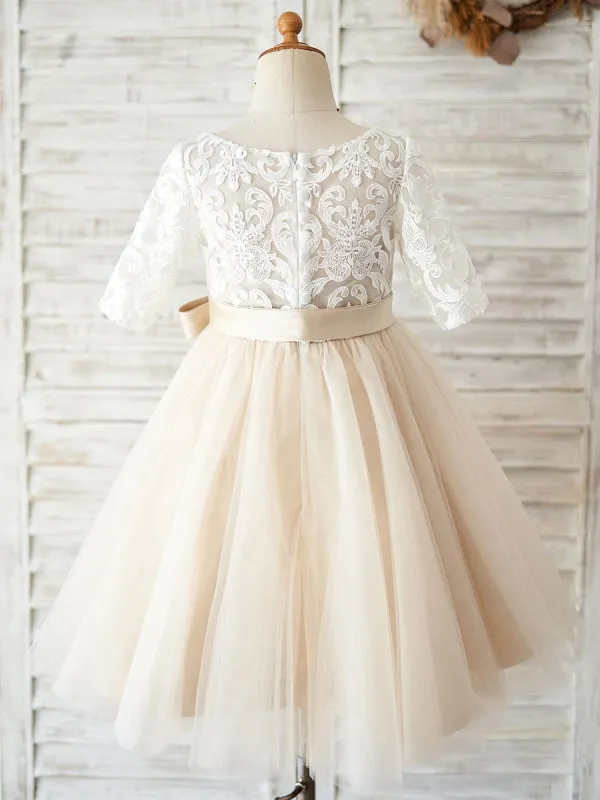 Half Sleeves Champagne Sash Kids Party Dresses Tulle Formal Dress