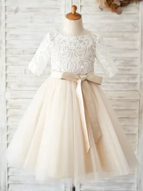 Half Sleeves Champagne Sash Kids Party Dresses Tulle Formal Dress