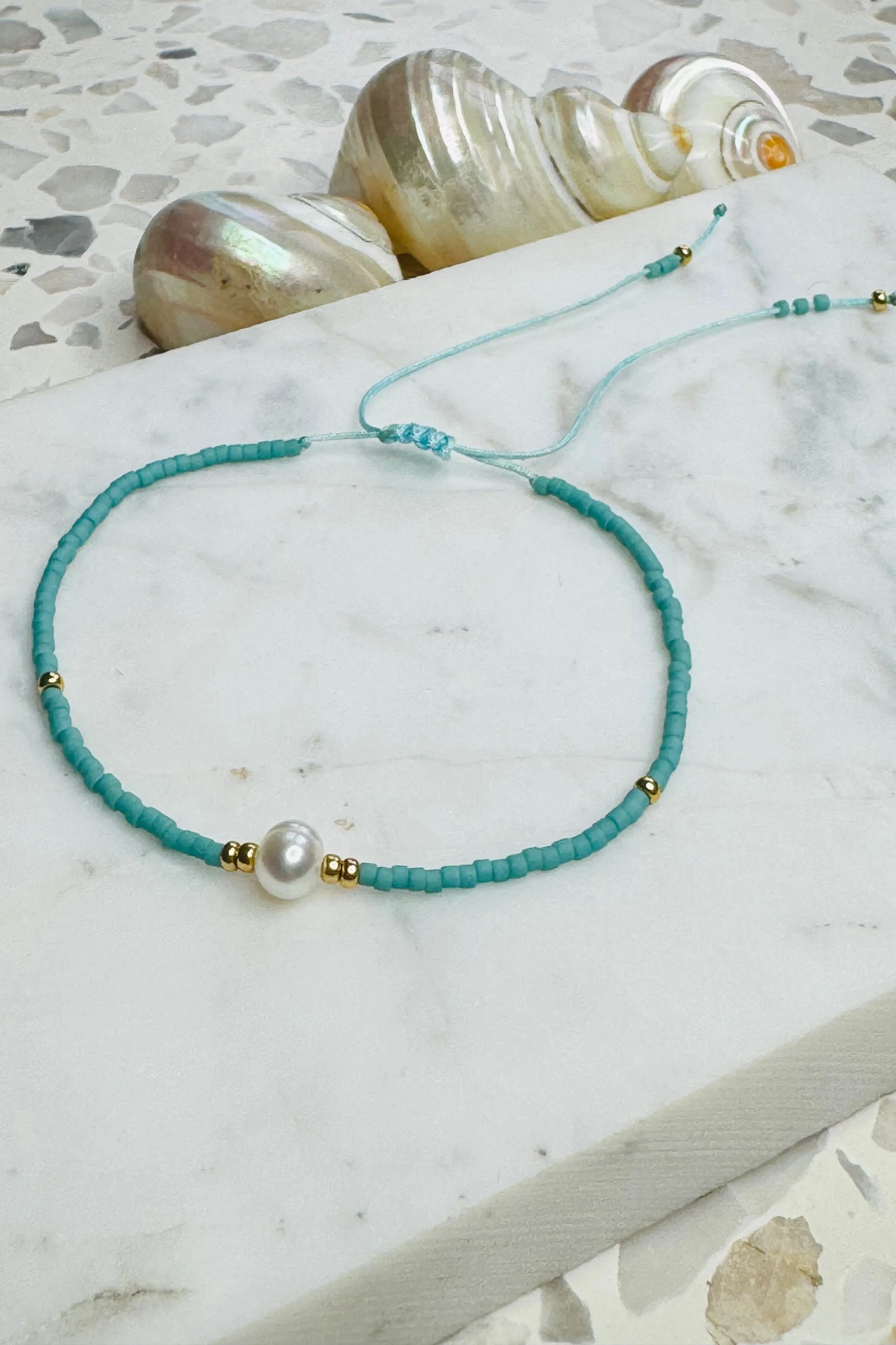 Handmade Glass/Freshwater Pearl Bracelet - Aqua/White