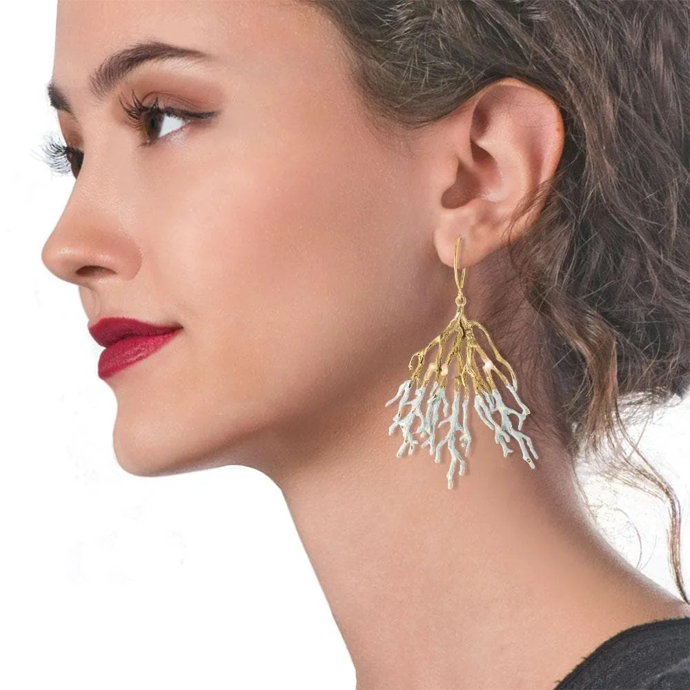 Handmade Gold White Sparkling Long Coral Earrings