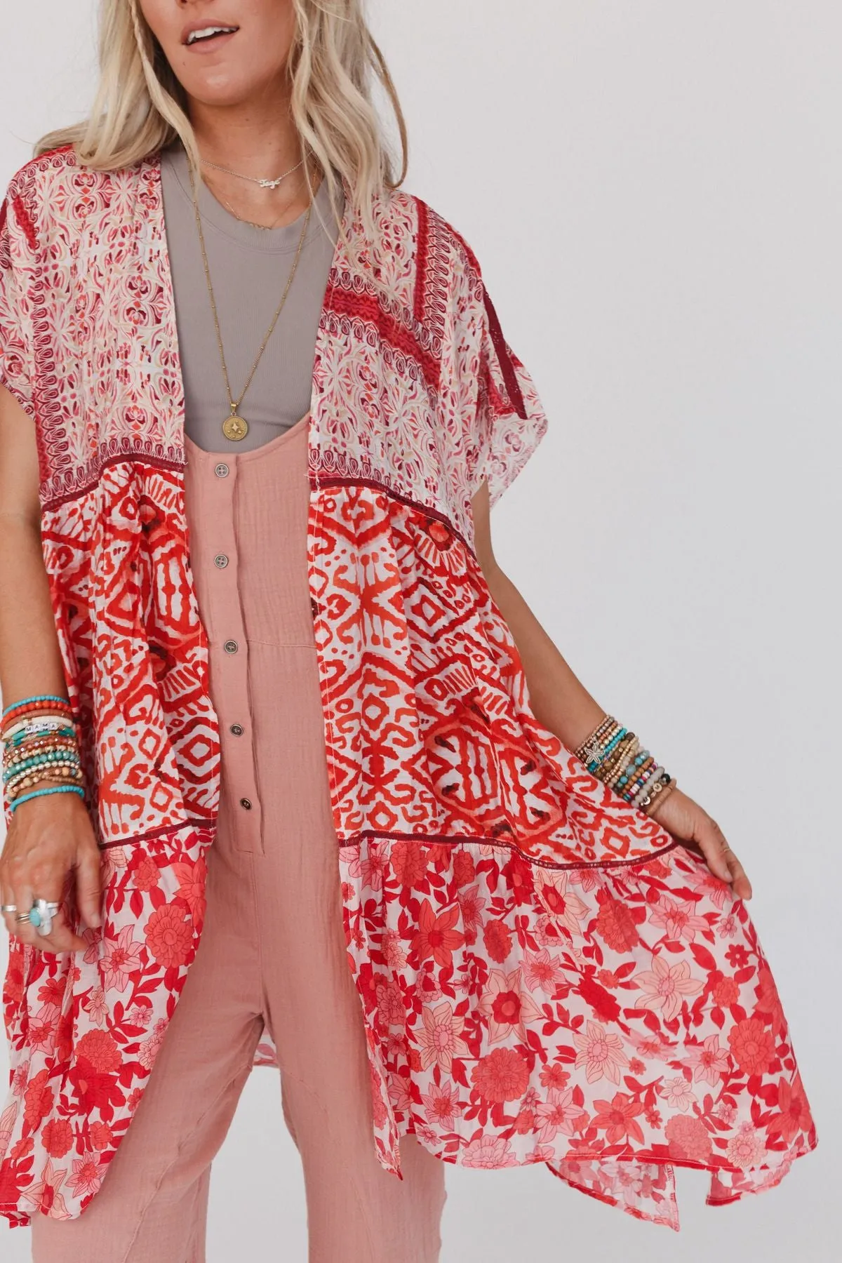 Happy Feelings Patterned Kimono - Red