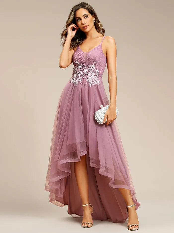 High Low Mesh Appliques Formal Dress