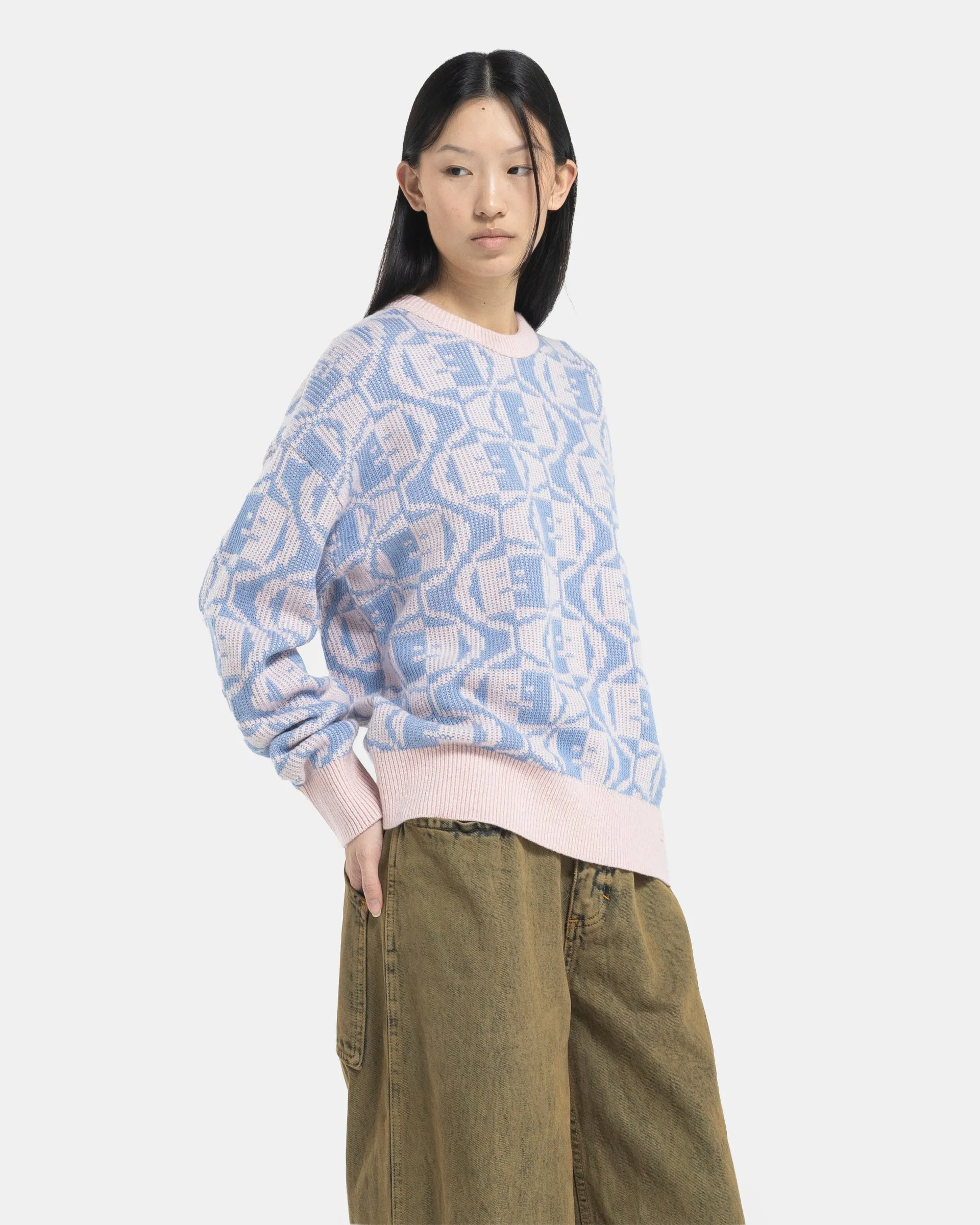 Jacquard Crew Neck Jumper in Faded Pink Melange and Light Blue