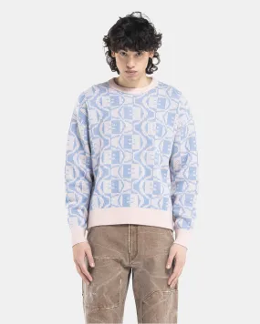 Jacquard Crew Neck Jumper in Faded Pink Melange and Light Blue