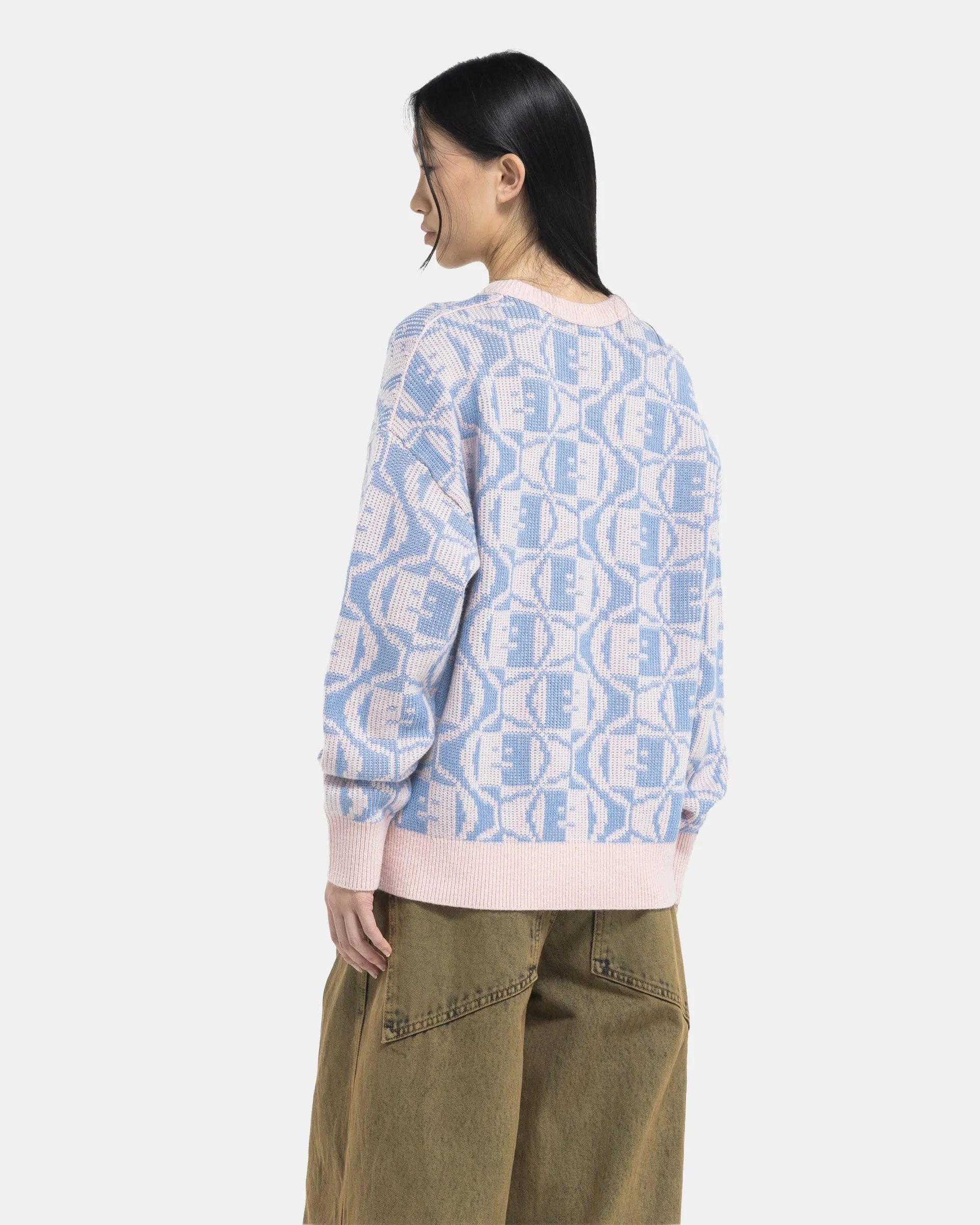 Jacquard Crew Neck Jumper in Faded Pink Melange and Light Blue