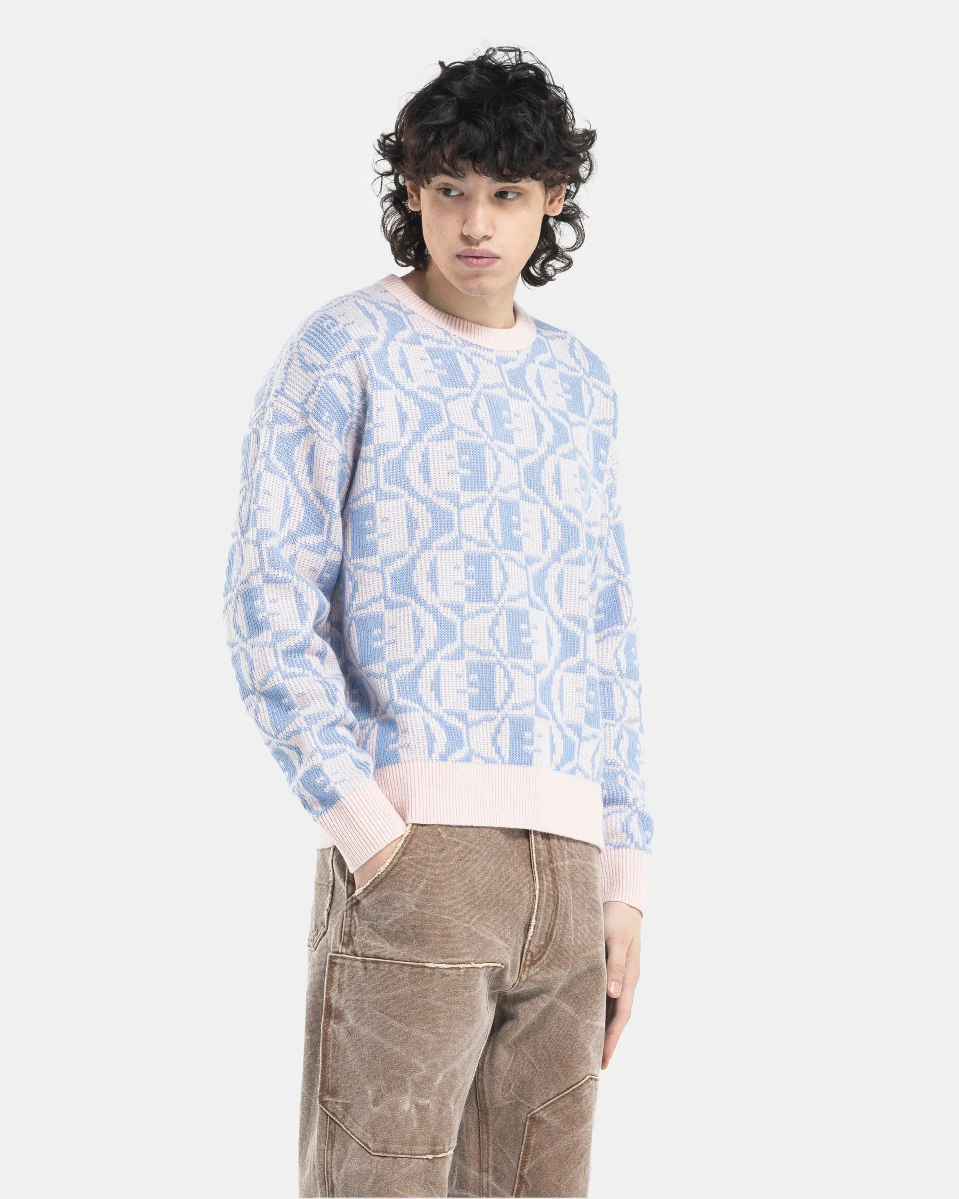 Jacquard Crew Neck Jumper in Faded Pink Melange and Light Blue