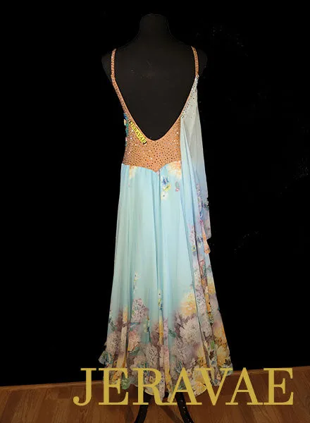 Light Blue Faded Chiffon Ballroom Dress with Floral Skirt and Lace Applique Solid Swarovski Stones SZ M/L SMO090