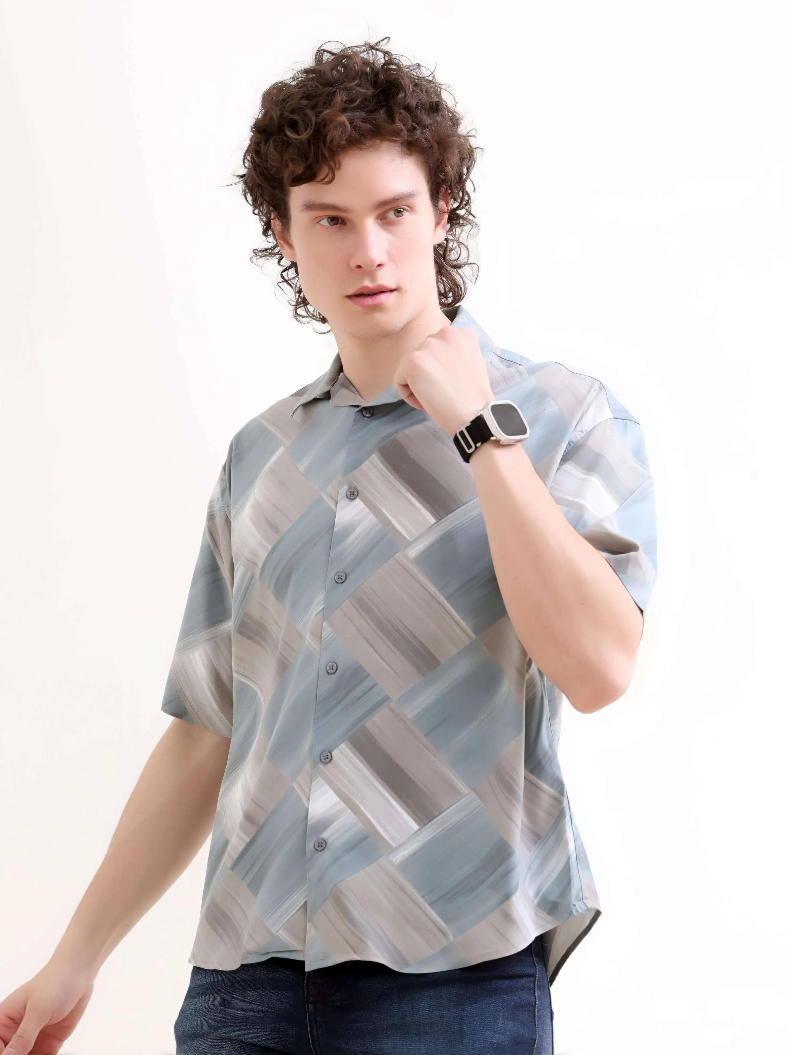 Minos teal printed oversized shirt