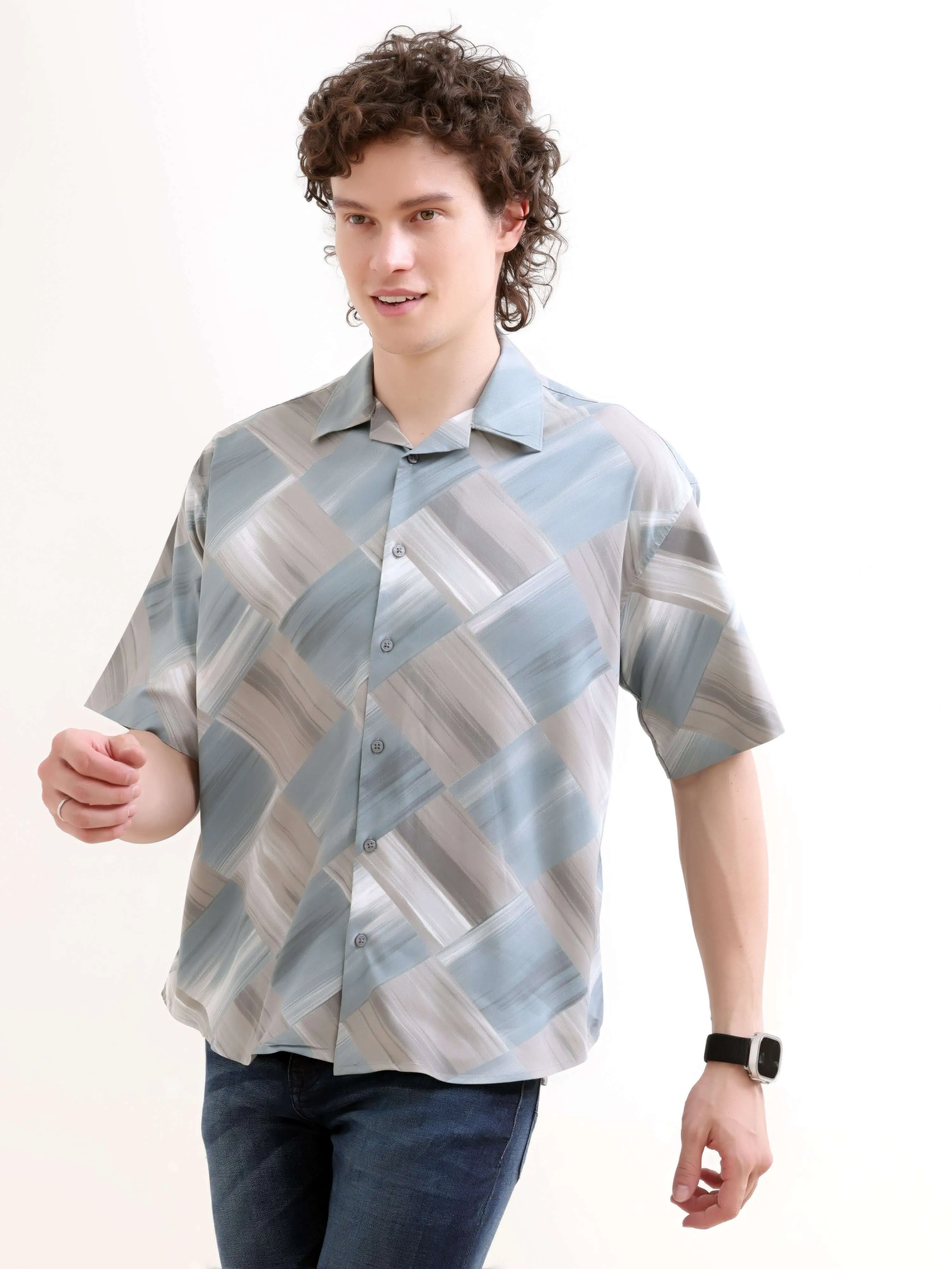 Minos teal printed oversized shirt