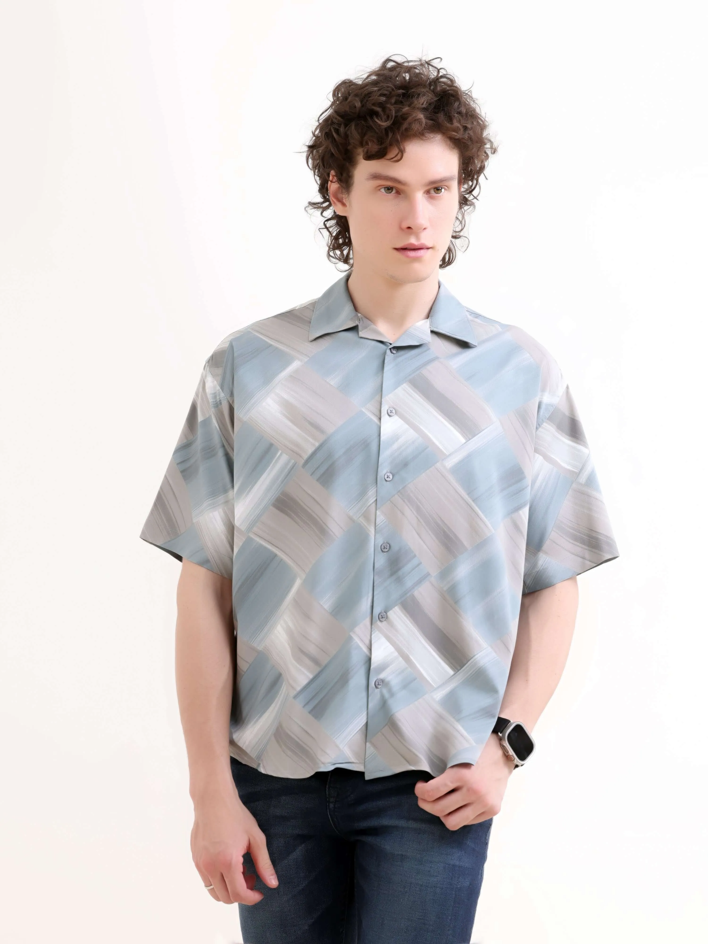 Minos teal printed oversized shirt