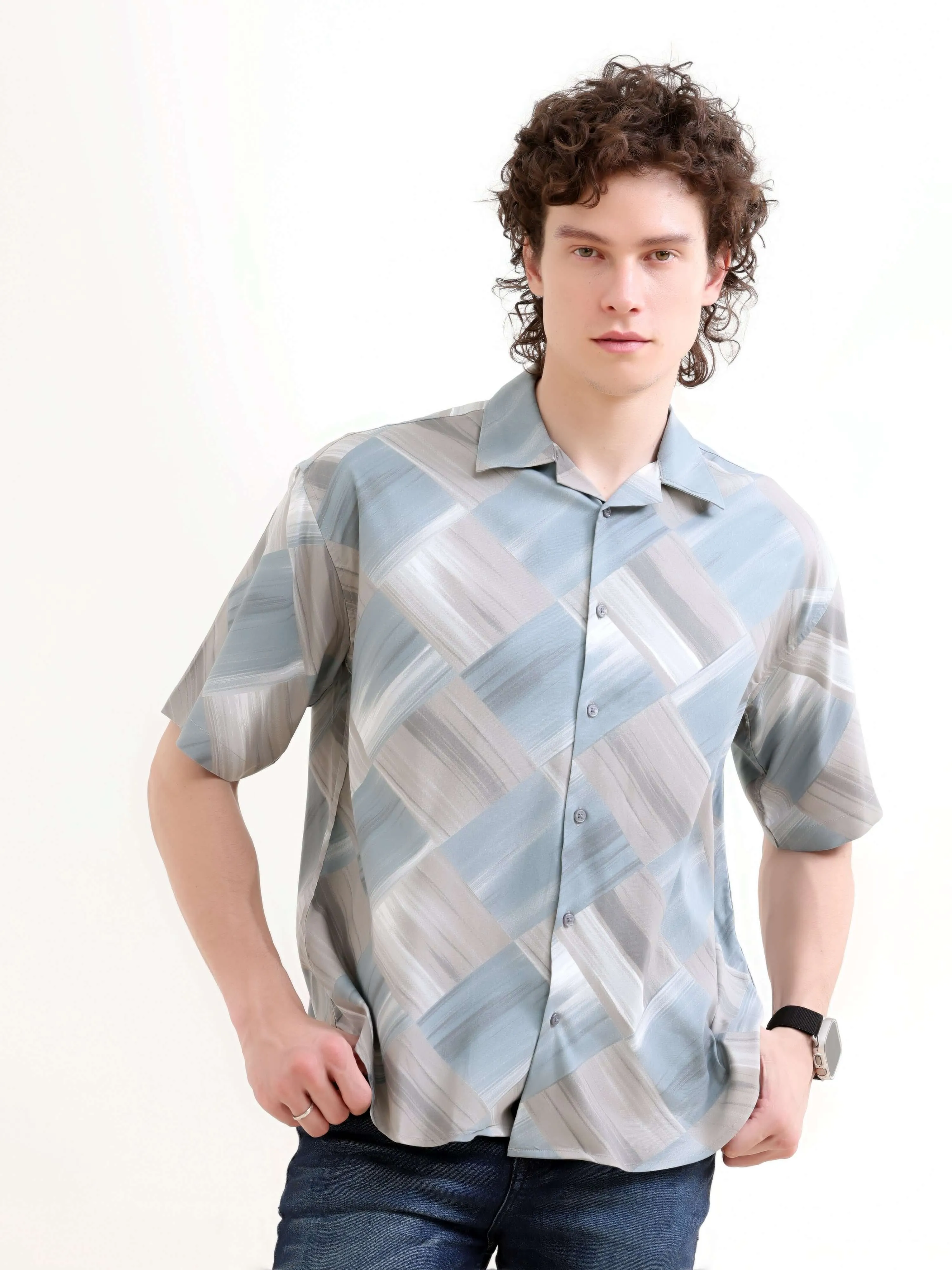 Minos teal printed oversized shirt