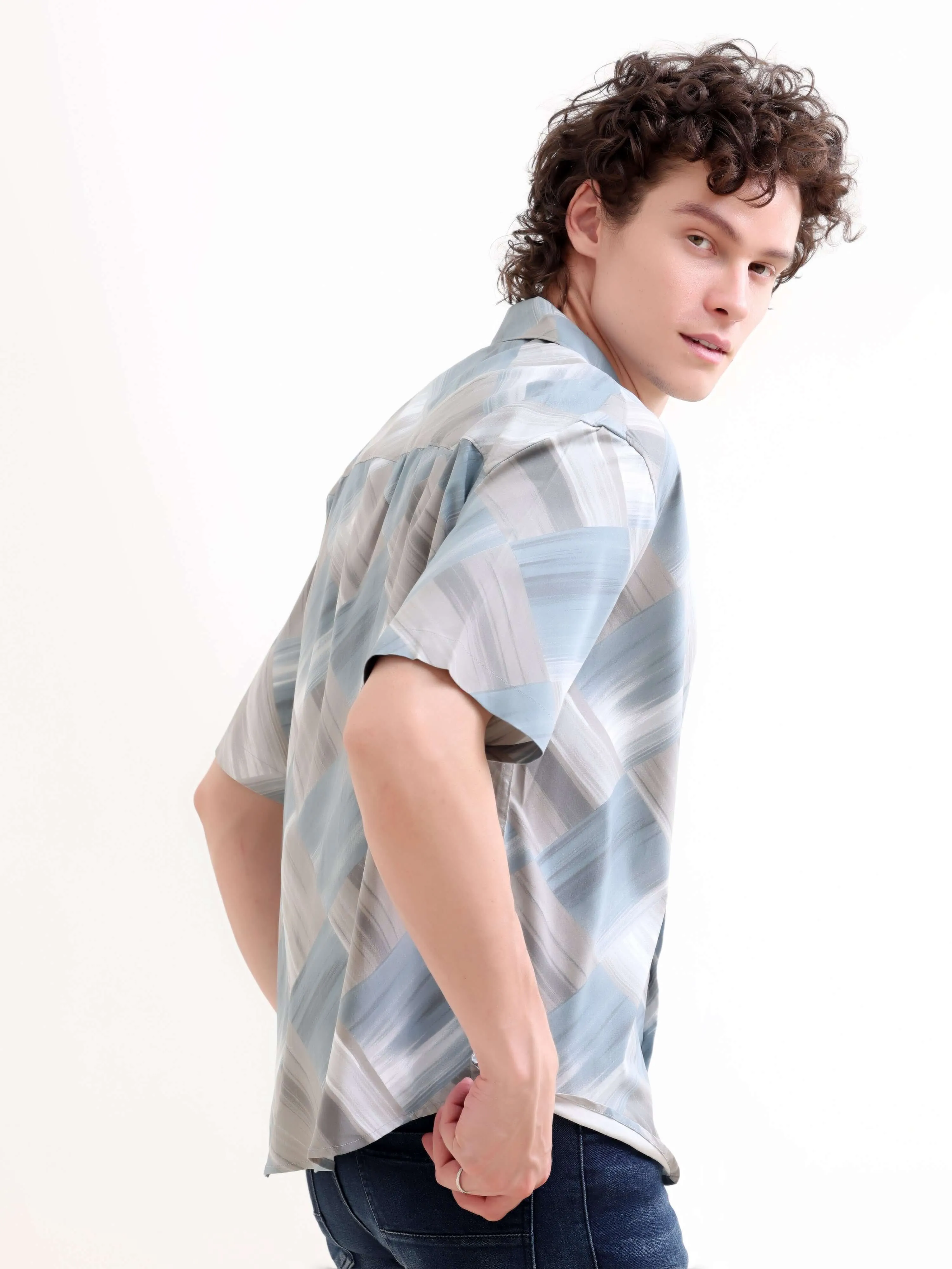 Minos teal printed oversized shirt