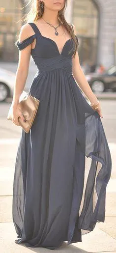 Navy Blue Off-The-Shoulder Long Chiffon Formal With Straps Sleeves Modest Bridesmaid Gown